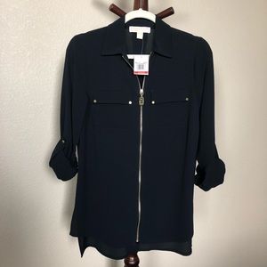 Michael by Michael Kors Navy Zipper Utility Blouse